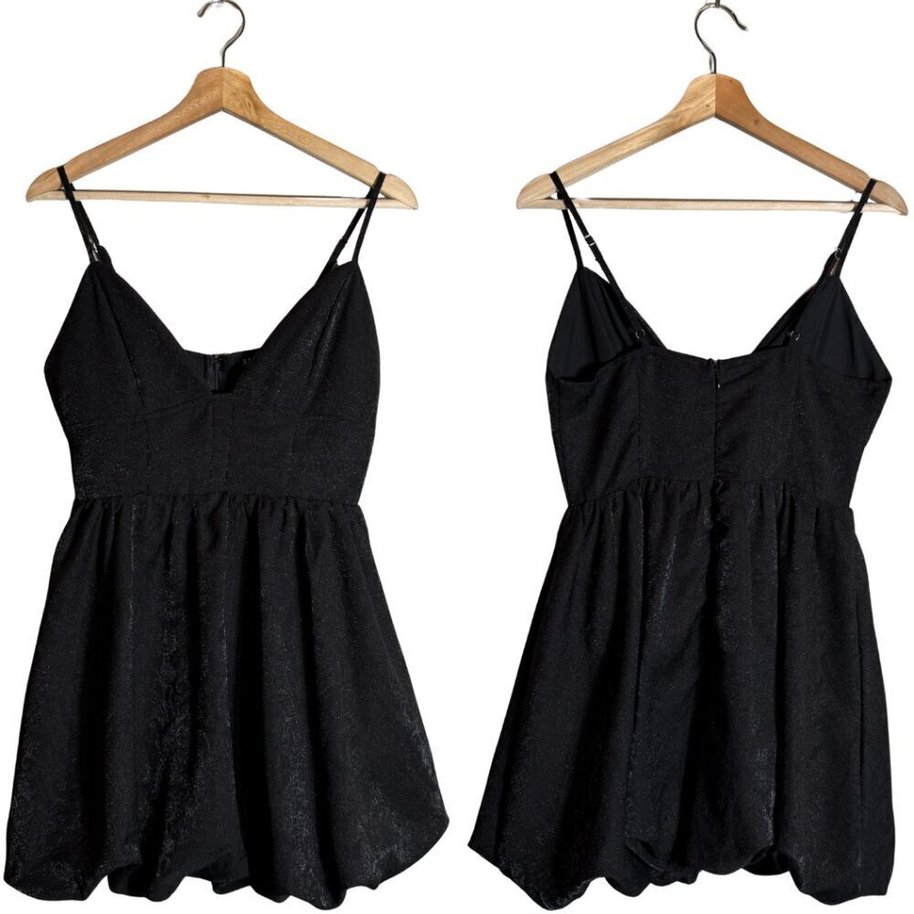 Storia Deep V Metallic Paisley Bubble Hem Micro Mini Dress Women's Small Black
